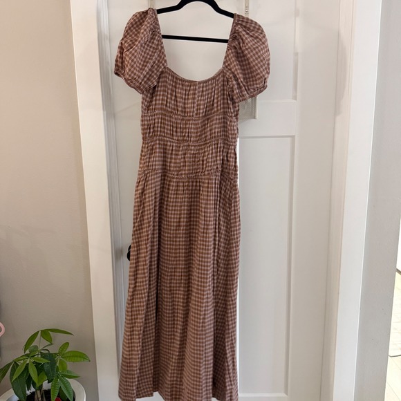 Reformation Rhett Gingham Midi Dress Brown Ivory Smocked Puff Sleeve Size 6 NEW - Picture 4 of 6